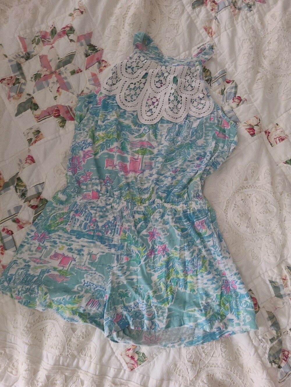 Girls Lilly Pulitzer Lace-Trim Tropical Print Romper in Aqua & Pink